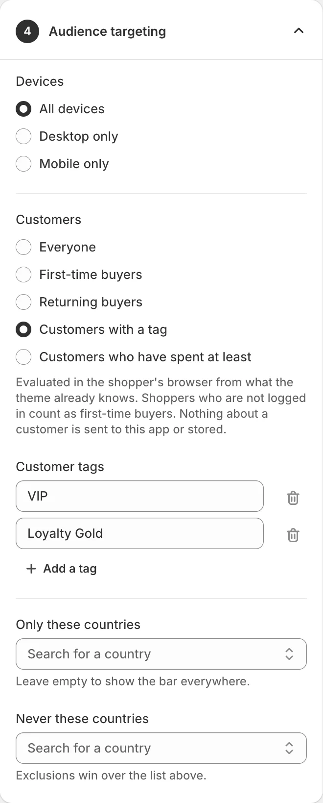 The Audience targeting card: all devices, shown only to customers tagged VIP or Loyalty Gold, and no country limits.