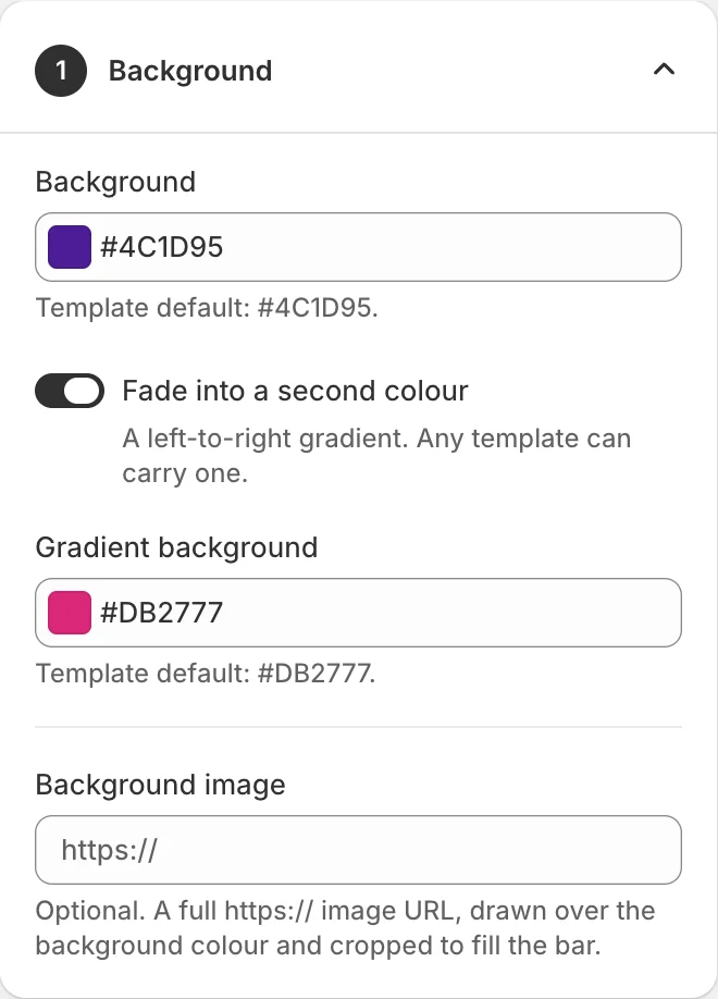 The Background card: a purple background colour, the gradient switch turned on with a pink second colour, and an empty background image field.