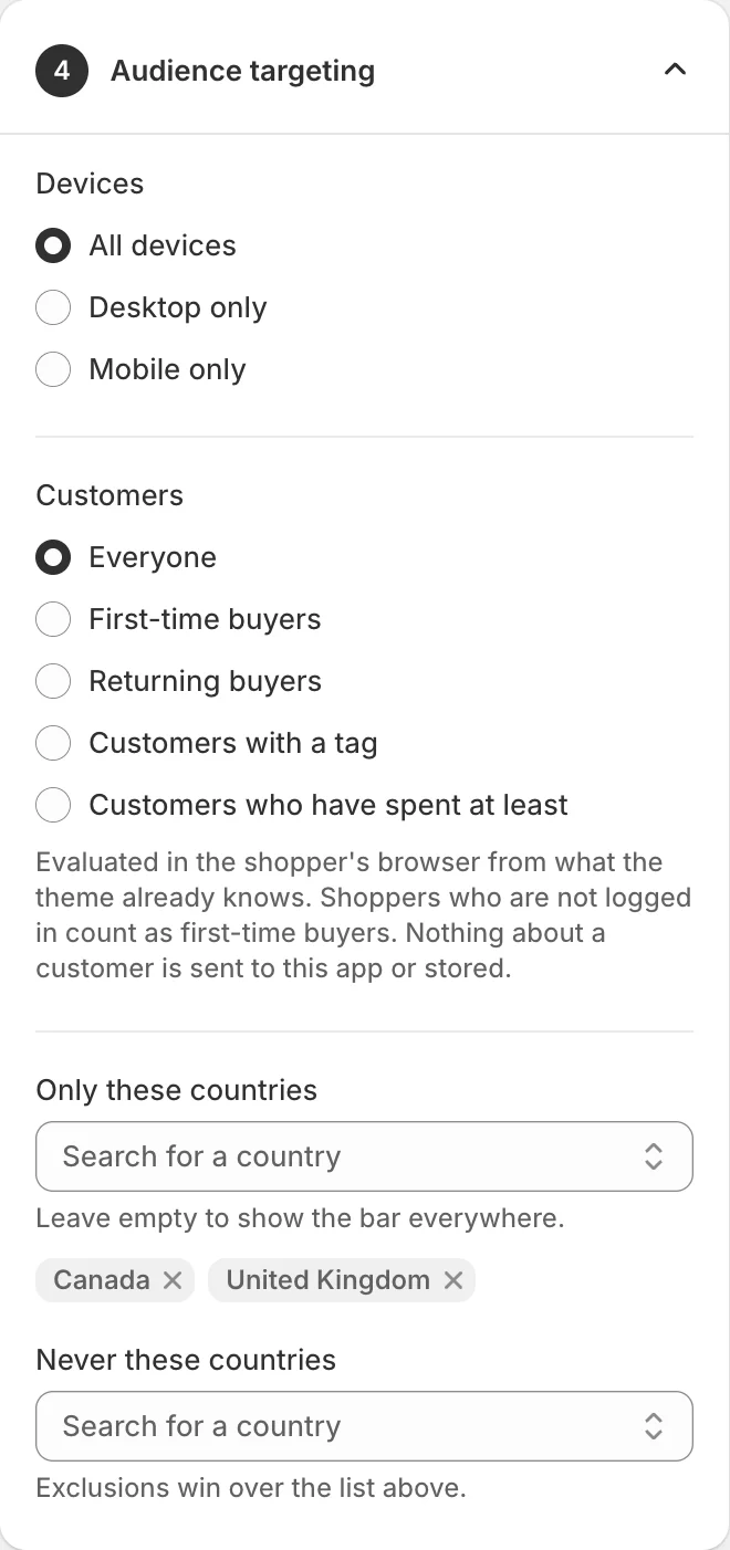 Audience targeting for a bar shown only in Canada and the United Kingdom.