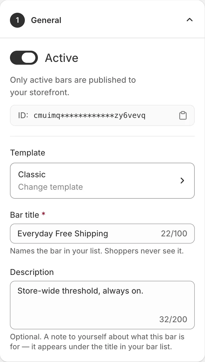 The General card: Active switch, bar ID, template, bar title and description.