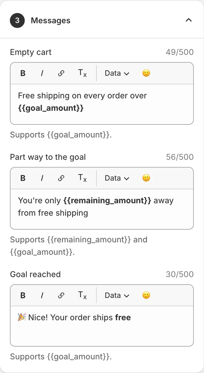 The Messages card: three text boxes with a formatting toolbar — empty cart, part way to the goal, and goal reached.