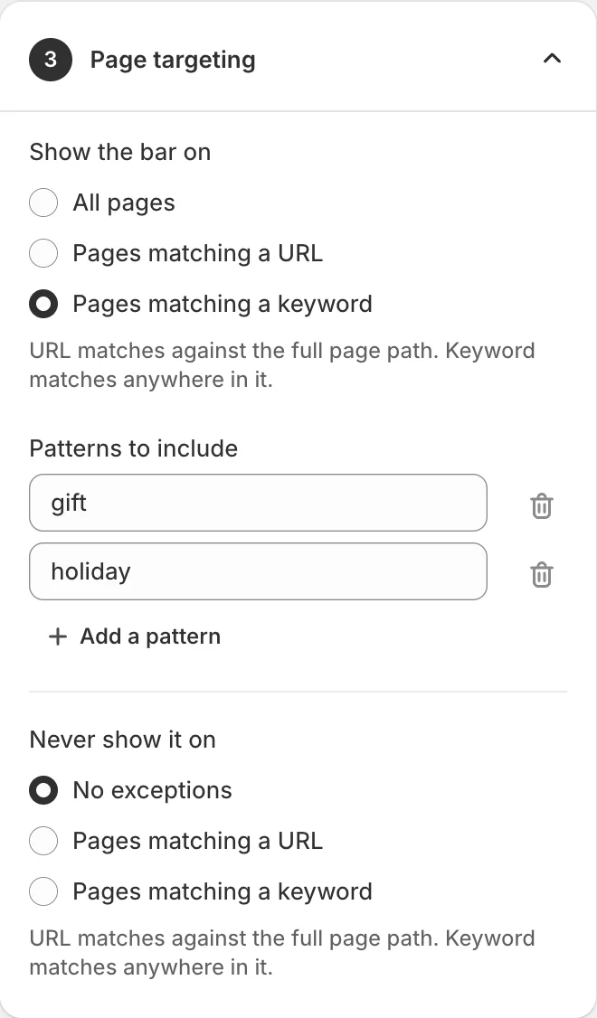 The Page targeting card: show the bar on pages matching the keywords gift and holiday, with no exceptions.