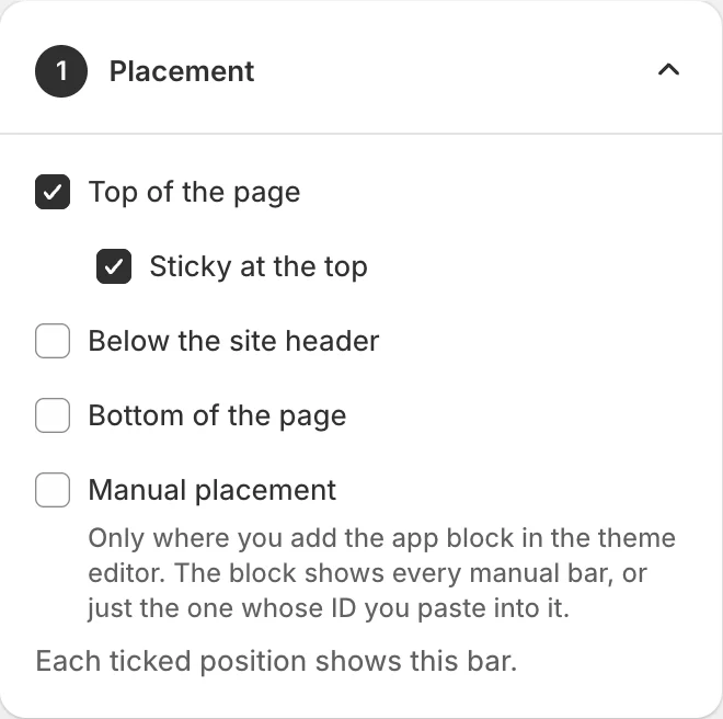 The Placement card: Top of the page with Sticky at the top ticked, plus Below the site header, Bottom of the page and Manual placement.