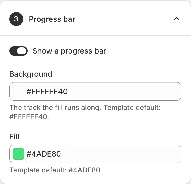 The Progress bar card: the switch to show a progress bar, a track background colour and a fill colour.