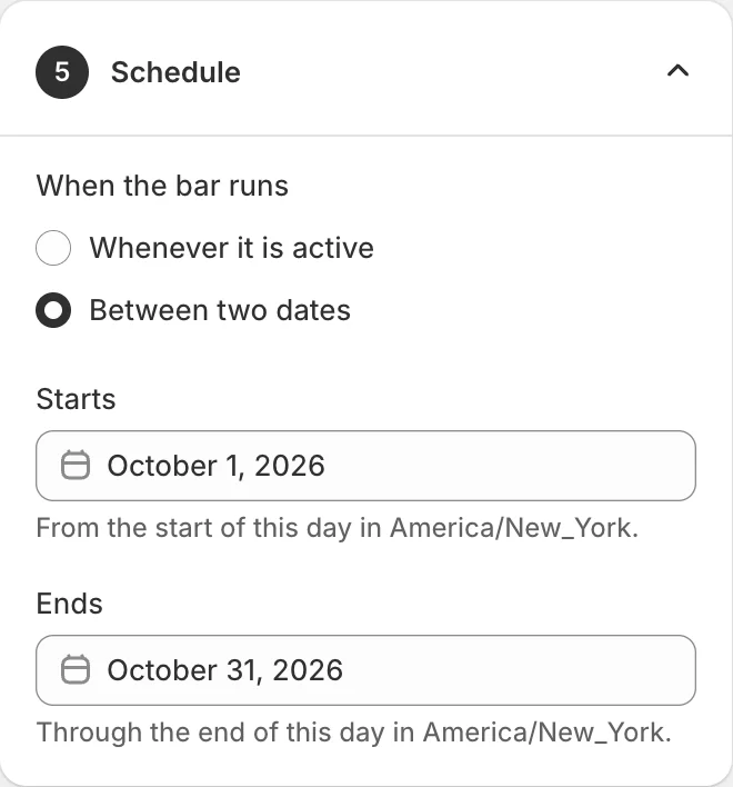 The Schedule card: the bar runs between October 1 and October 31, 2026, in the store's timezone.