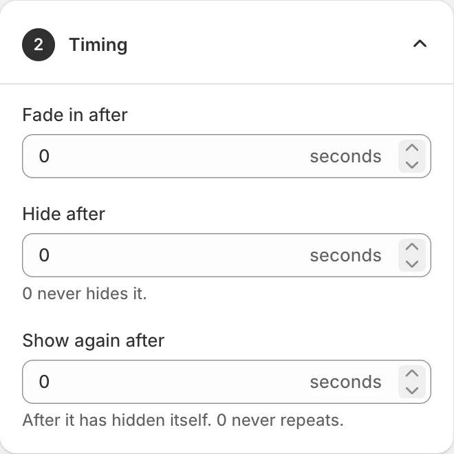 The Timing card: fade in after, hide after and show again after, all in seconds.