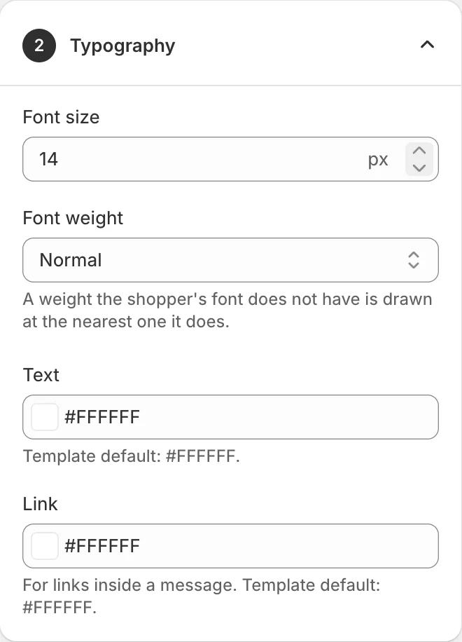 The Typography card: font size in pixels, font weight, text colour and link colour.