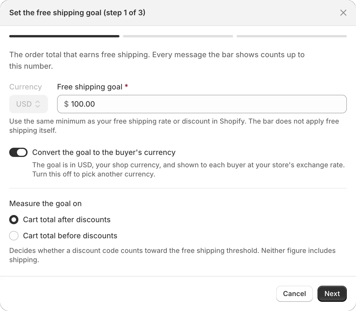 Step 1 of creating a bar: the free shipping goal, the currency switch and the discount setting.