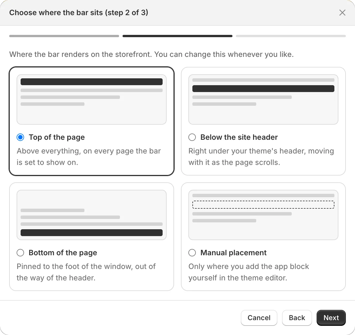 Step 2 of creating a bar: four position cards — top of the page, below the site header, bottom of the page, manual placement.