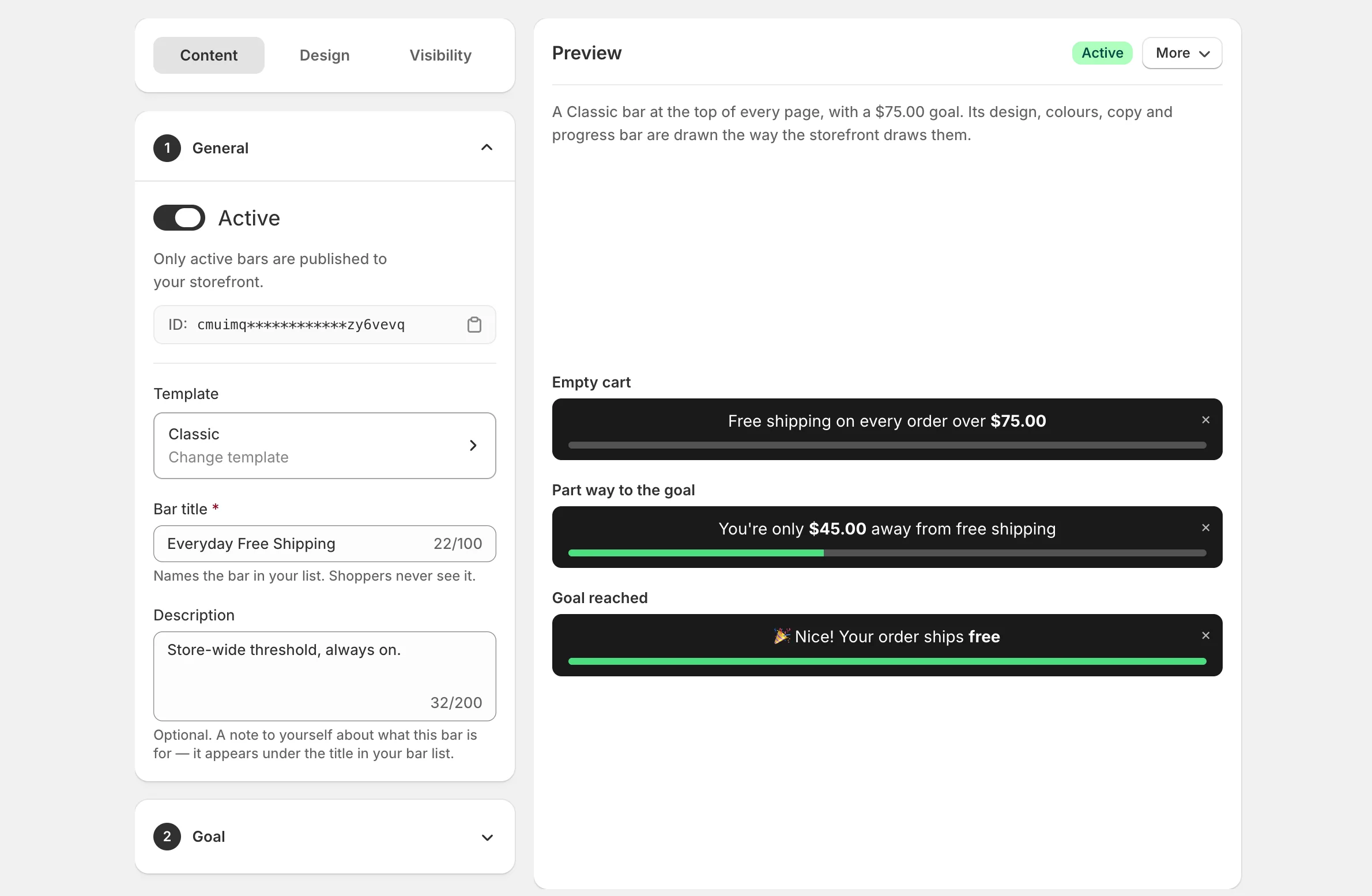 The bar editor: Content, Design and Visibility tabs with the General card open on the left, and a live preview of the empty, part-way and goal-reached states on the right.