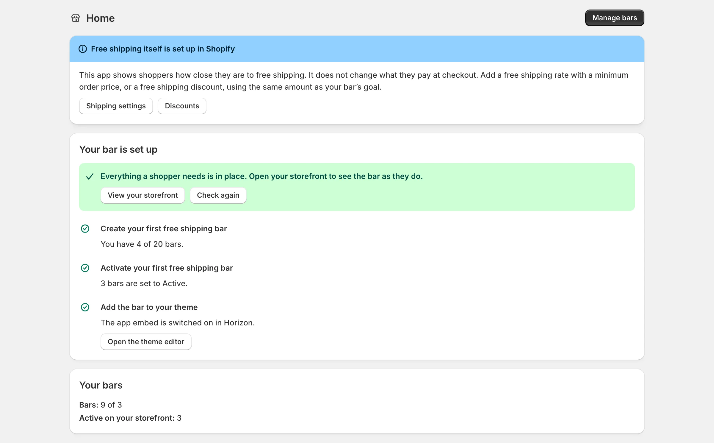 The app's Home page: a note that free shipping is set up in Shopify, and a setup checklist with every step ticked.