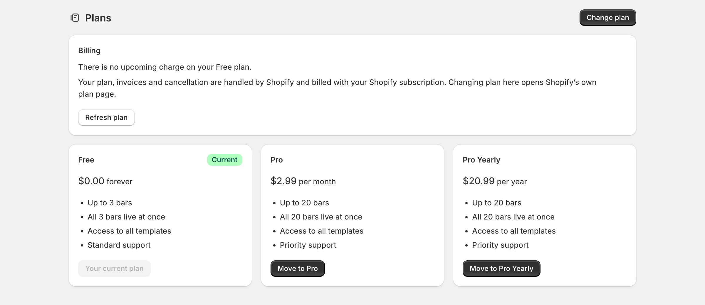 The Plans page: billing details, and three plan cards — Free at $0.00, Pro at $2.99 per month and Pro Yearly at $20.99 per year.