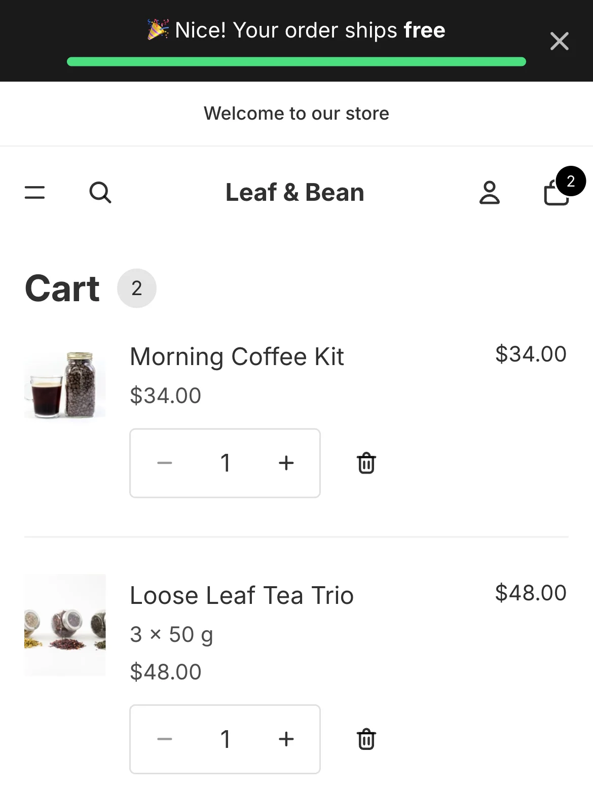The bar on a phone's cart page reading “Nice! Your order ships free” with a full progress line.
