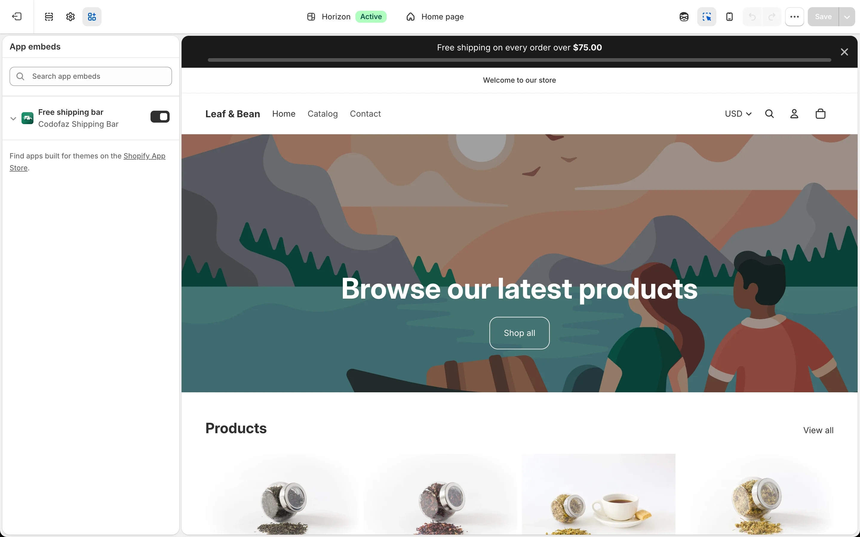 The Shopify theme editor's App embeds panel with “Free shipping bar — Codofaz Shipping Bar” switched on, and the bar showing at the top of the store preview.